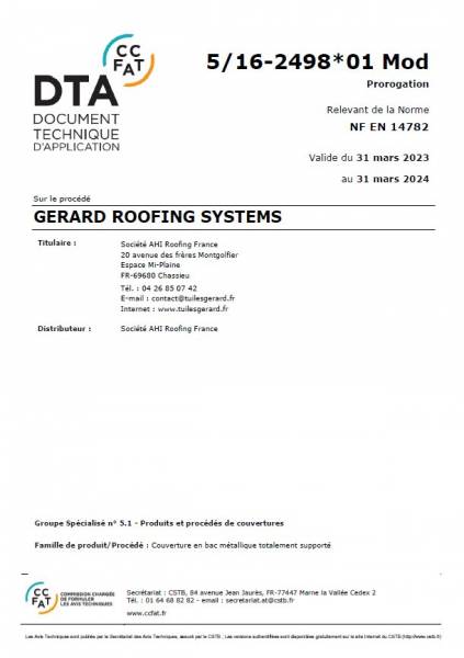 Prorogation Avis Technique CSTB 5_16_2498 GERARD Roofing Systems