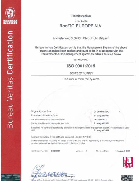 Certificat ISO 9001 pour les tuiles métalliques ROOFTG®