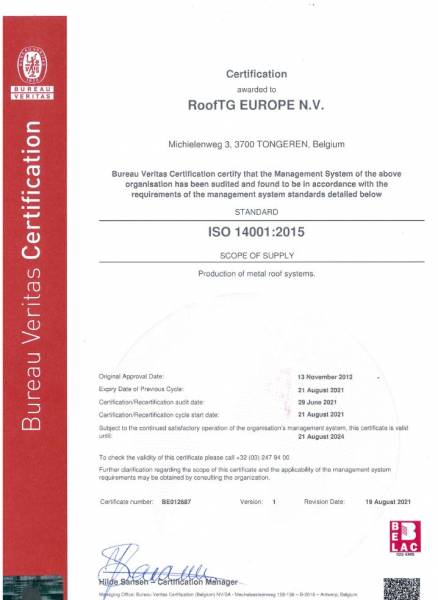 Certificat ISO 14001 pour les tuiles métalliques ROOFTG®